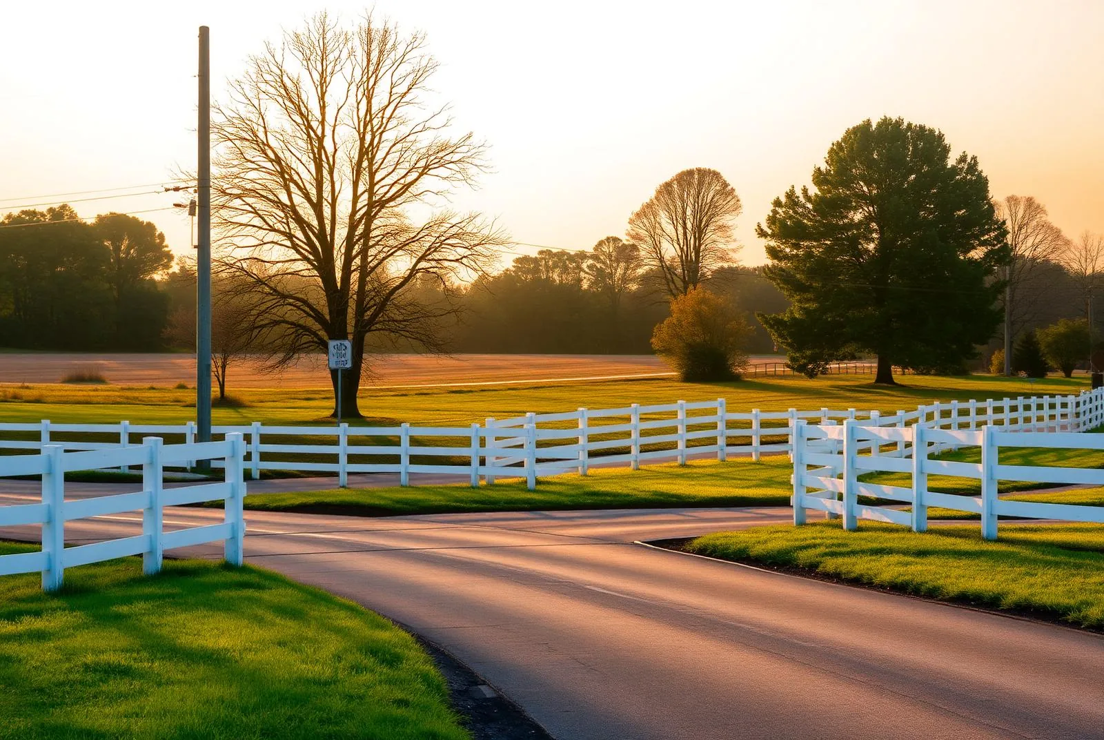 A white plank fence along a country crossroads with open fields and bare trees at golden hour.