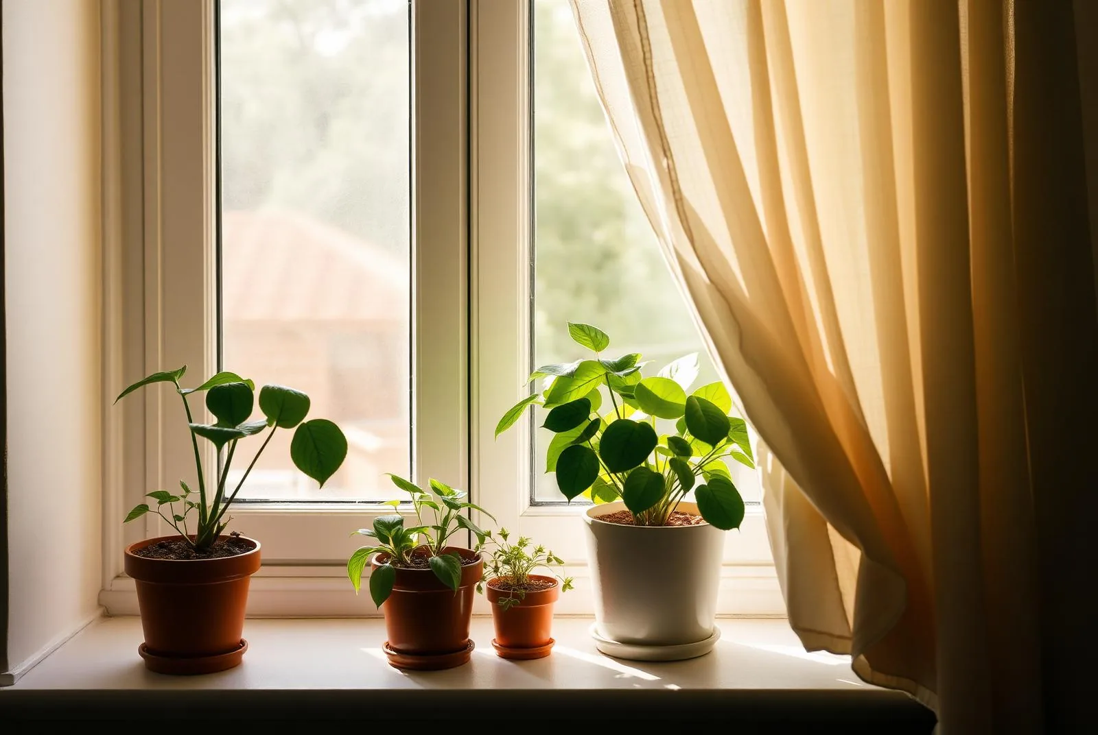 Potted green plants on a sunlit window sill beside a soft linen curtain lifting in the breeze.