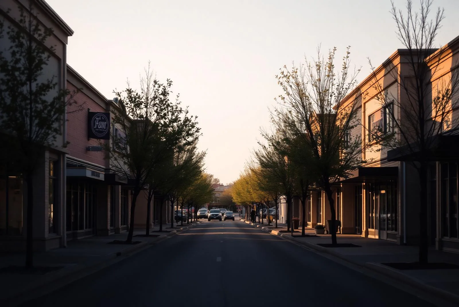 A suburban shopping street lined with low storefronts and young trees in late afternoon light.