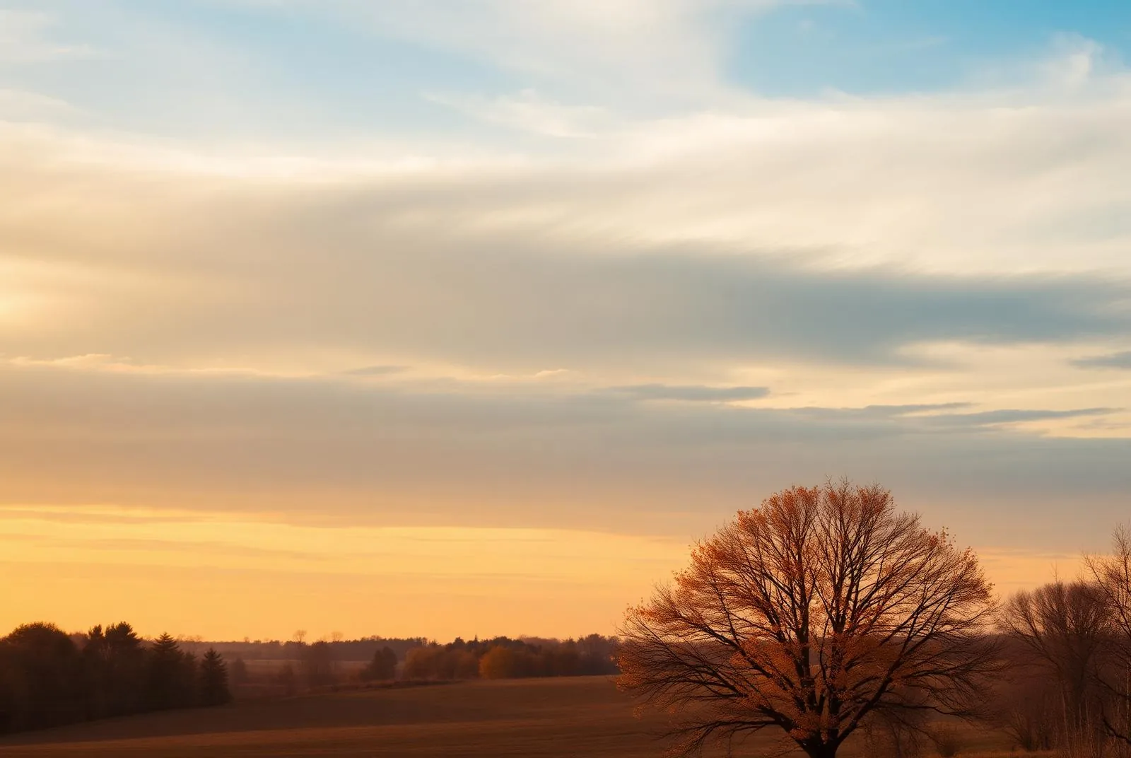 A wide golden-hour sky with soft layered clouds over a distant Kentucky tree line and open field.