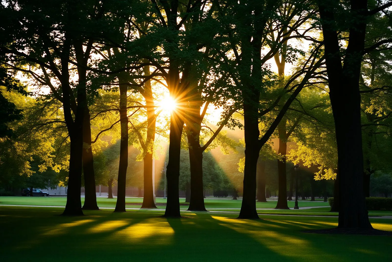 Early morning sunlight breaking through the trunks of tall park trees onto bright green grass.