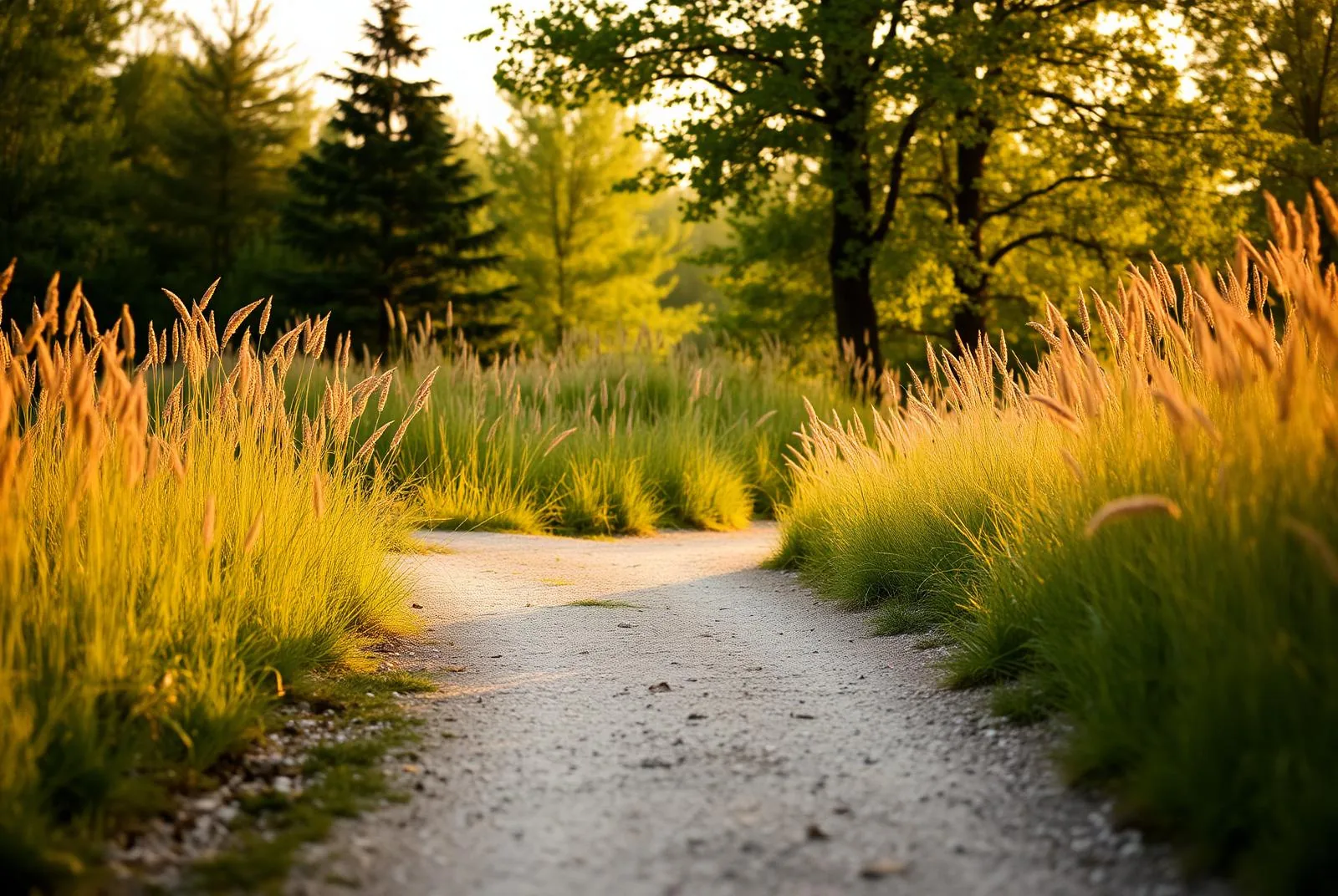 A gravel path curving between tall grasses and trees, lit low and warm by early evening sun.