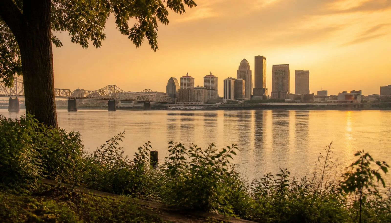 The Louisville skyline across the Ohio River at golden hour, seen from a leafy riverside park.