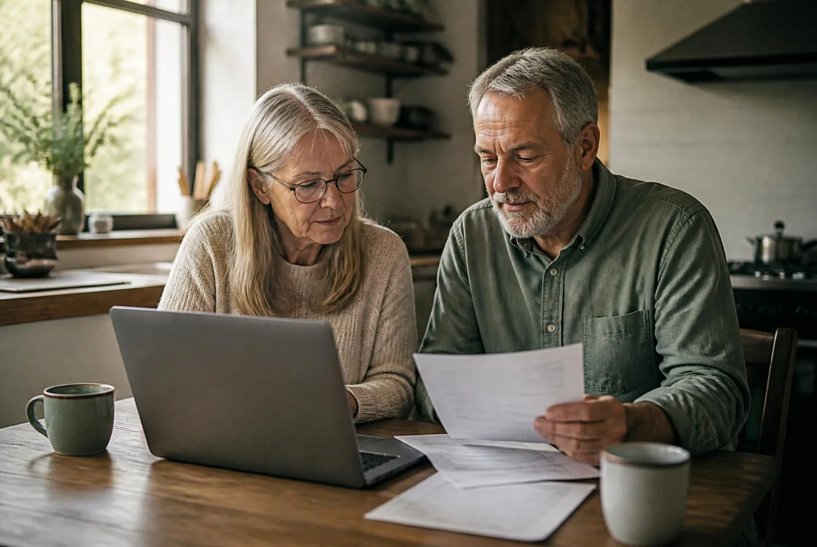 An older couple sit together at a sunlit kitchen table reviewing paperwork and a laptop.