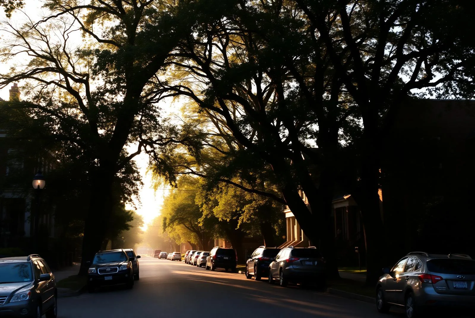 A tree-canopied Louisville residential street at sunrise with parked cars and older homes on both sides.