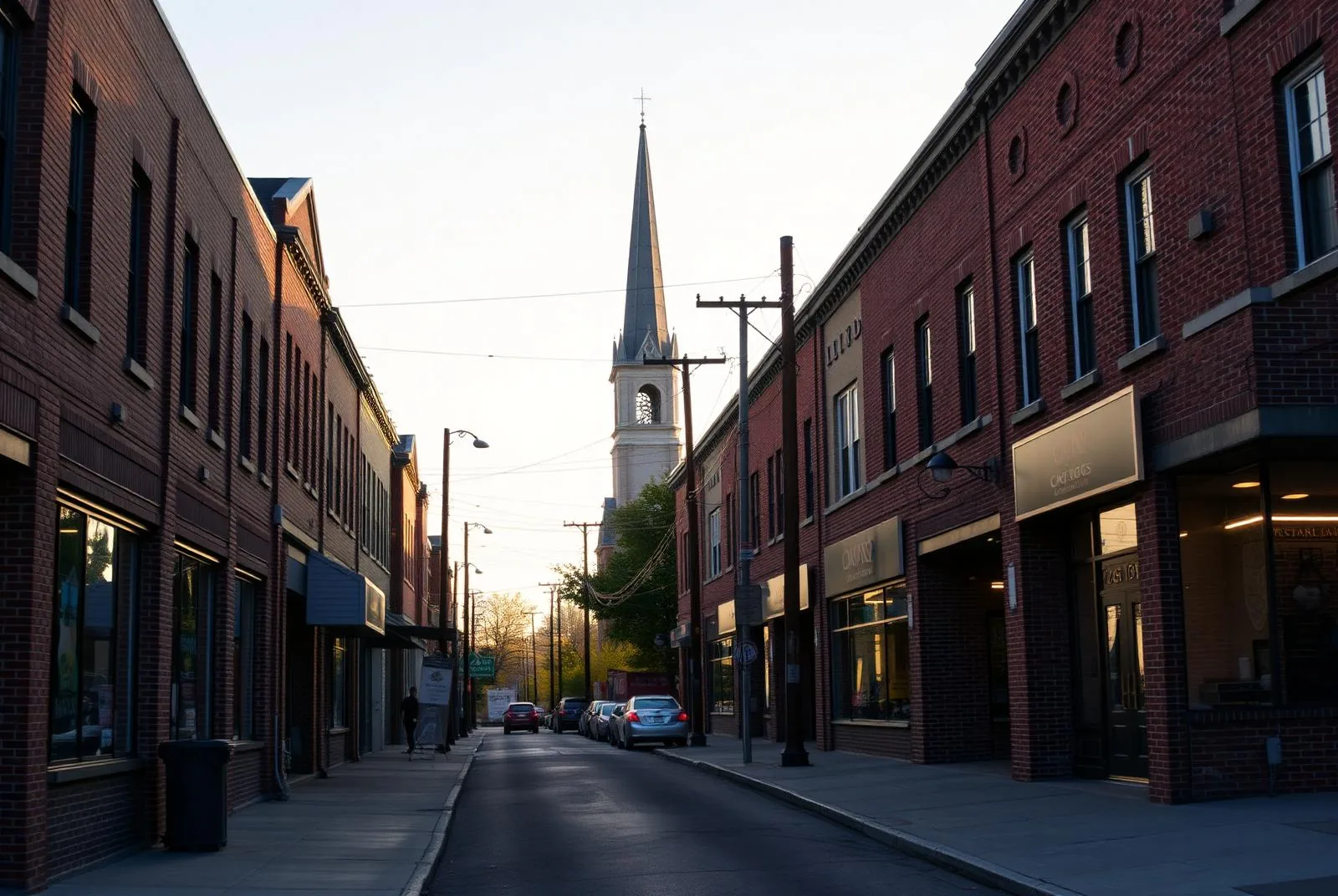 A brick commercial block with a church steeple rising at the end of the street in early morning light.