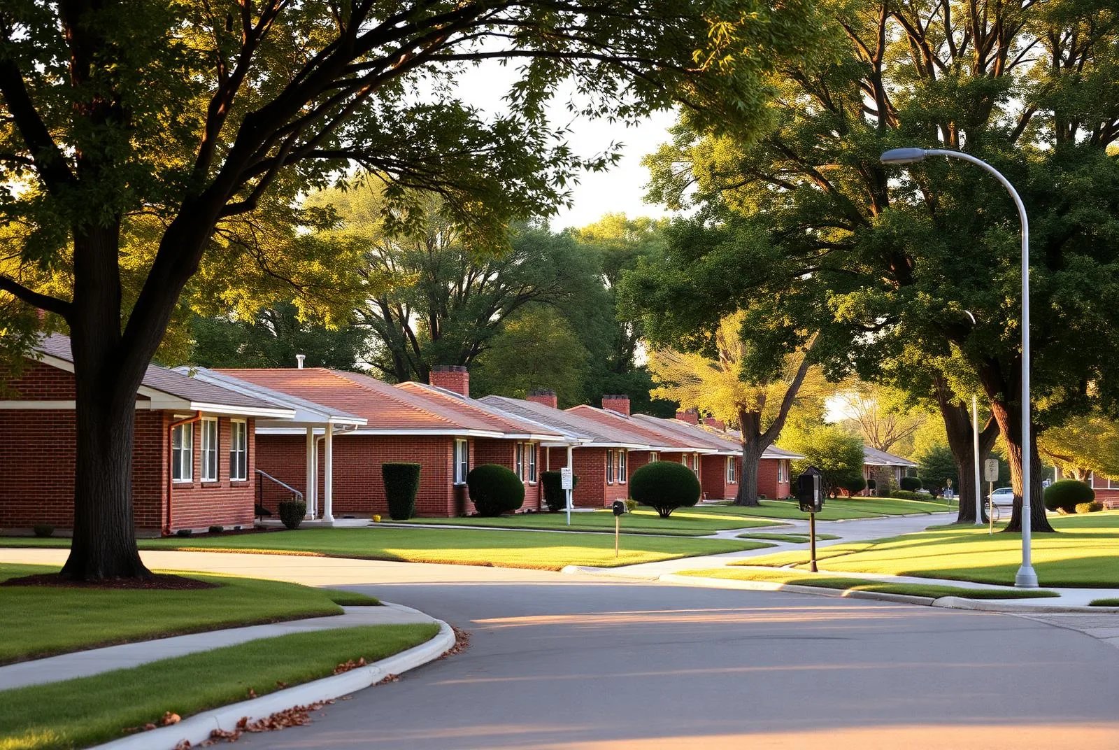 A row of brick ranch houses with wide lawns and mature shade trees along a quiet suburban street.