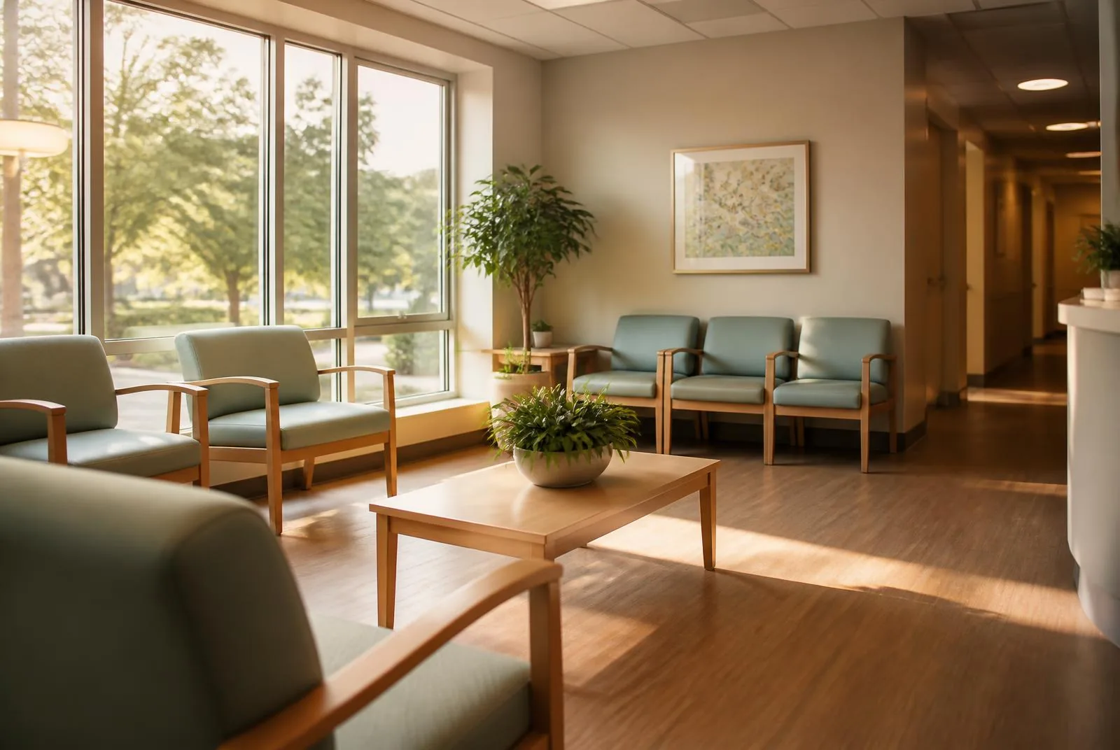 A quiet, sunlit waiting room with soft teal chairs, light wood furniture and plants beside tall windows.