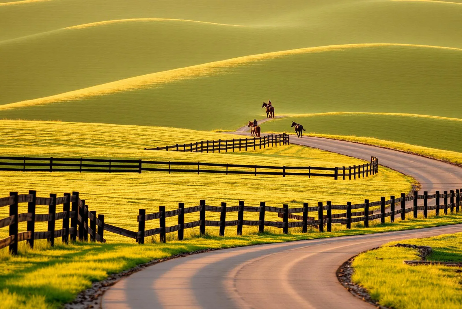 Rolling green horse pasture with black plank fencing and a winding country lane at golden hour.