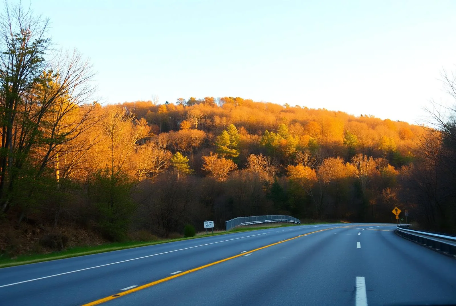 A two-lane highway curving beneath a wooded Kentucky knob hillside in warm late-day light.