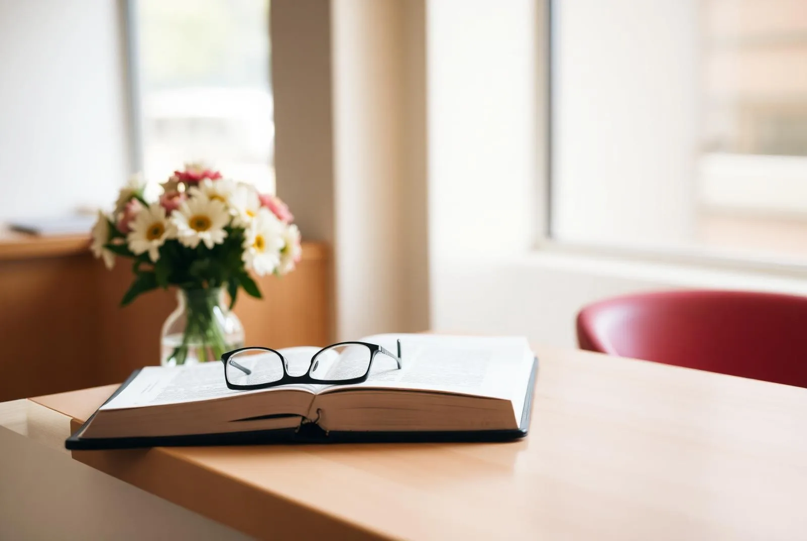 An open appointment book and reading glasses on a light wood counter beside a vase of daisies.