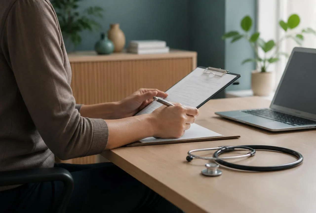 A clinician seated at a desk reviews certification paperwork on a clipboard beside a laptop and stethoscope in a quiet office.