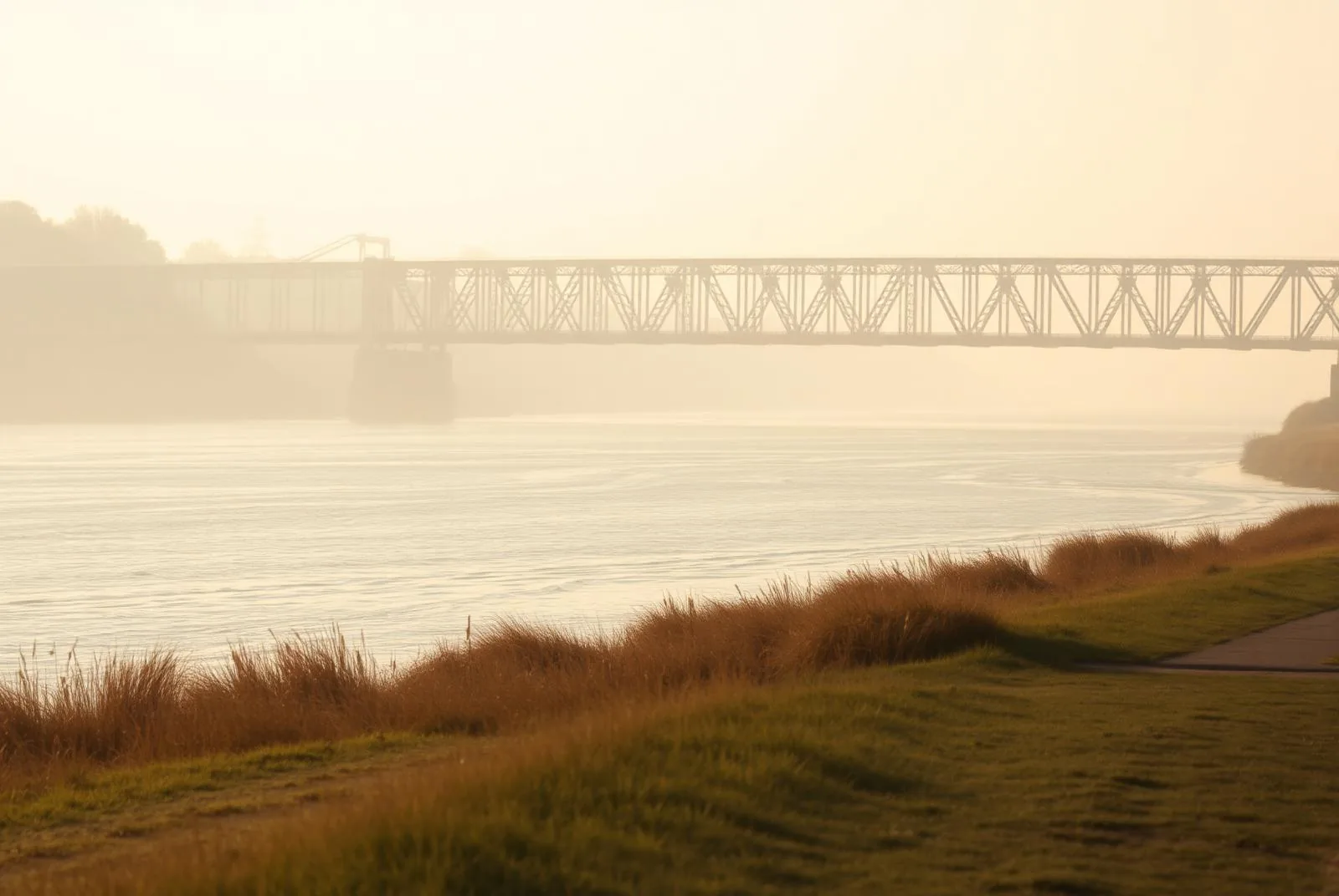 A steel truss bridge crossing the Ohio River seen from a grassy riverbank in hazy morning light.