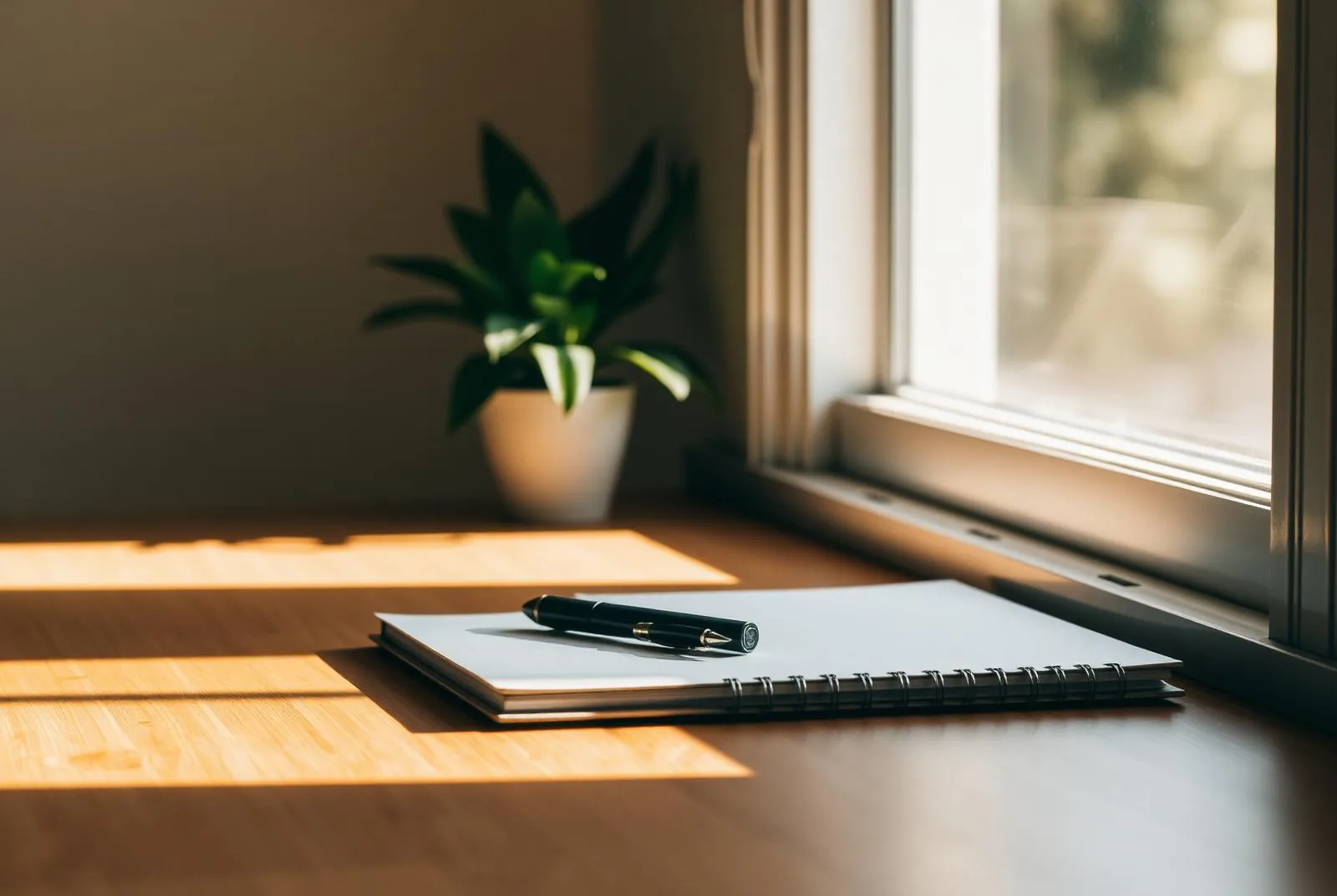 A clear wooden desk by a window with a spiral notebook, a pen and a small plant in afternoon light.