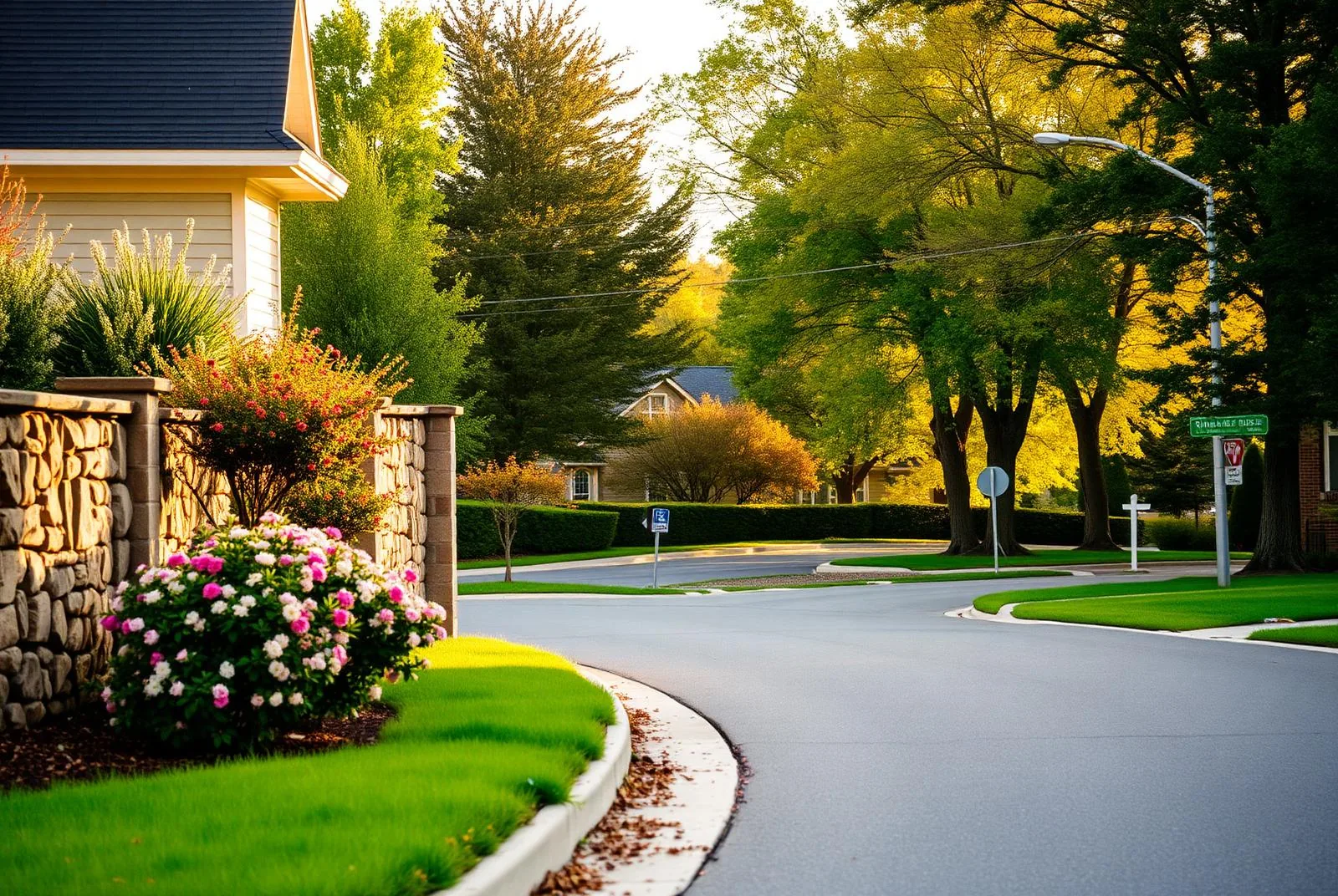 A stone entrance wall with flowering shrubs beside a curving, tree-lined neighborhood street.