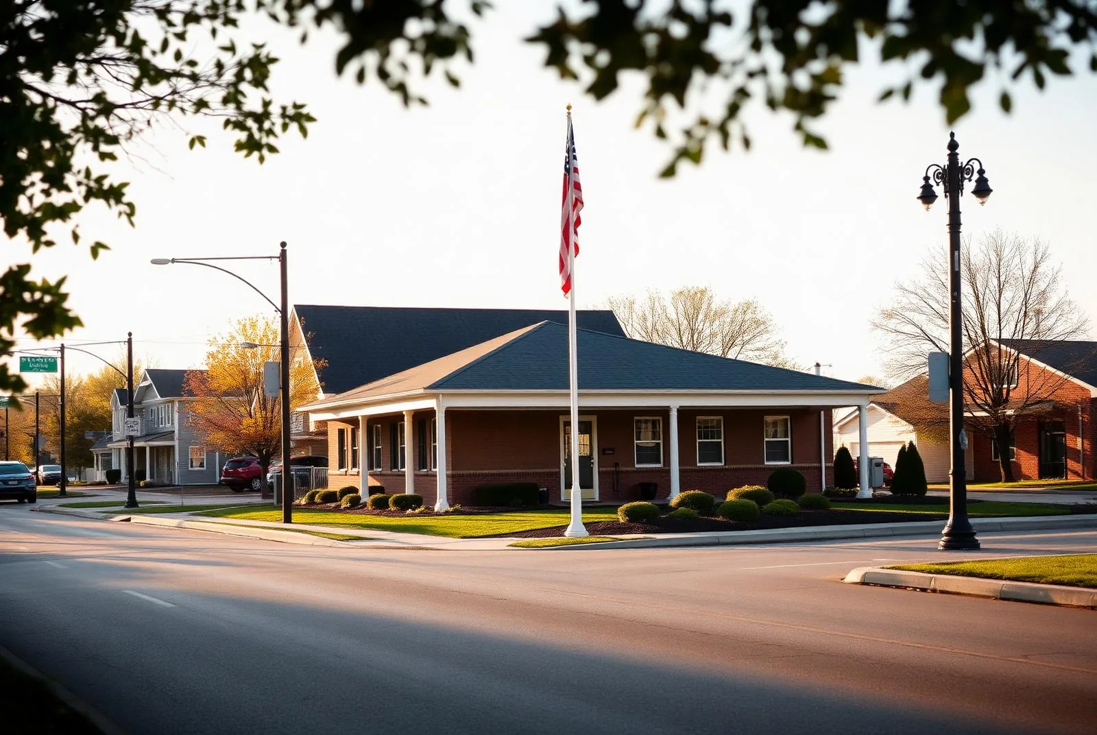 A small brick civic building with a white porch and flagpole on a quiet suburban corner in morning light.