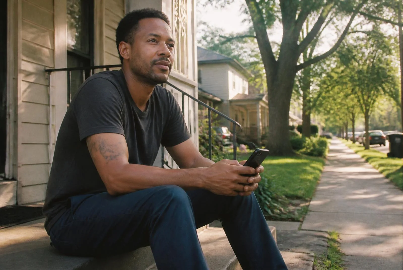A man sits on his front porch steps in morning light with his phone in hand, unhurried, on a tree-lined street.