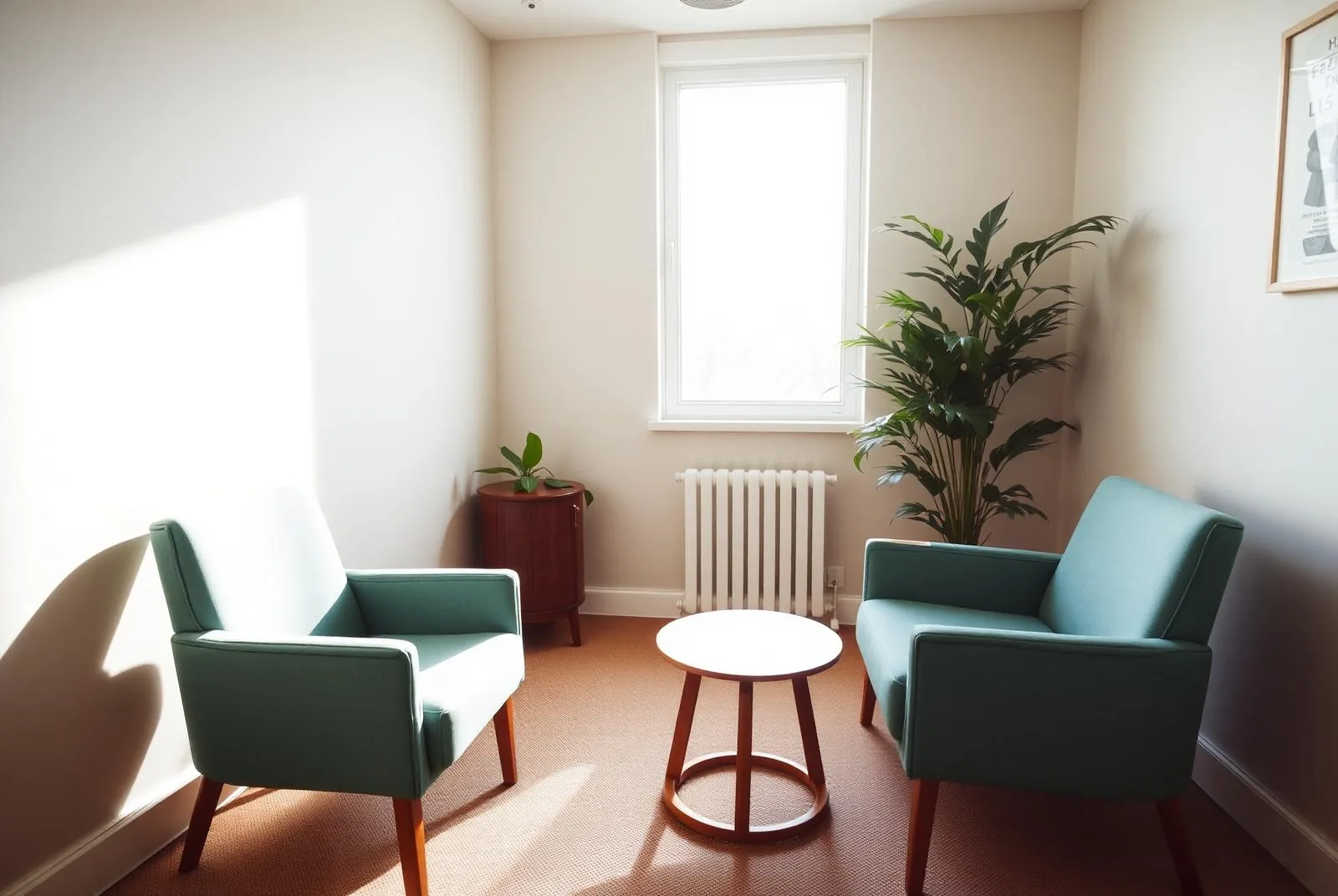 An empty consultation room with two soft teal armchairs, a small round table and a plant beside a sunlit window.