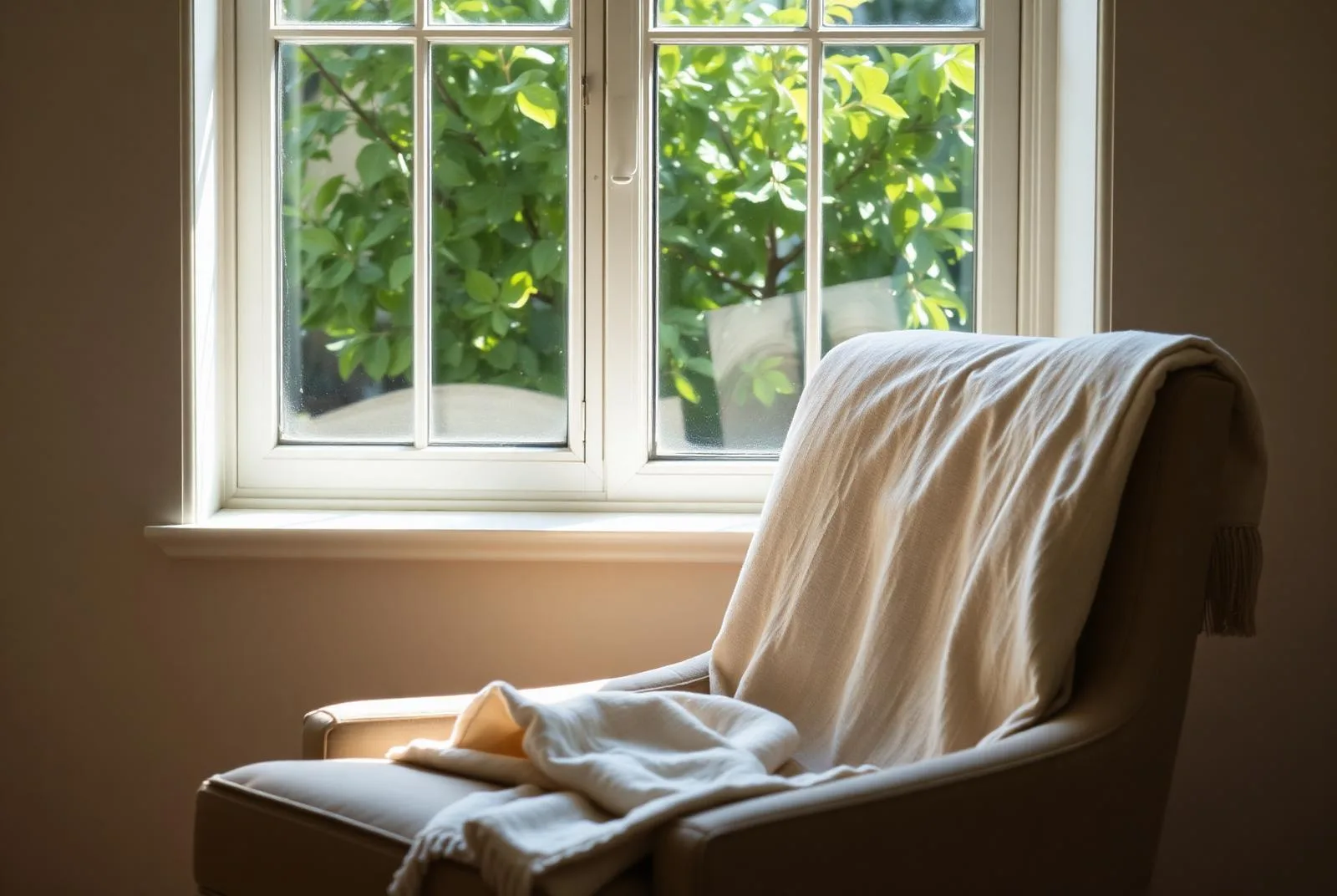 A linen armchair with a folded throw beside a bright window looking out onto green leaves.